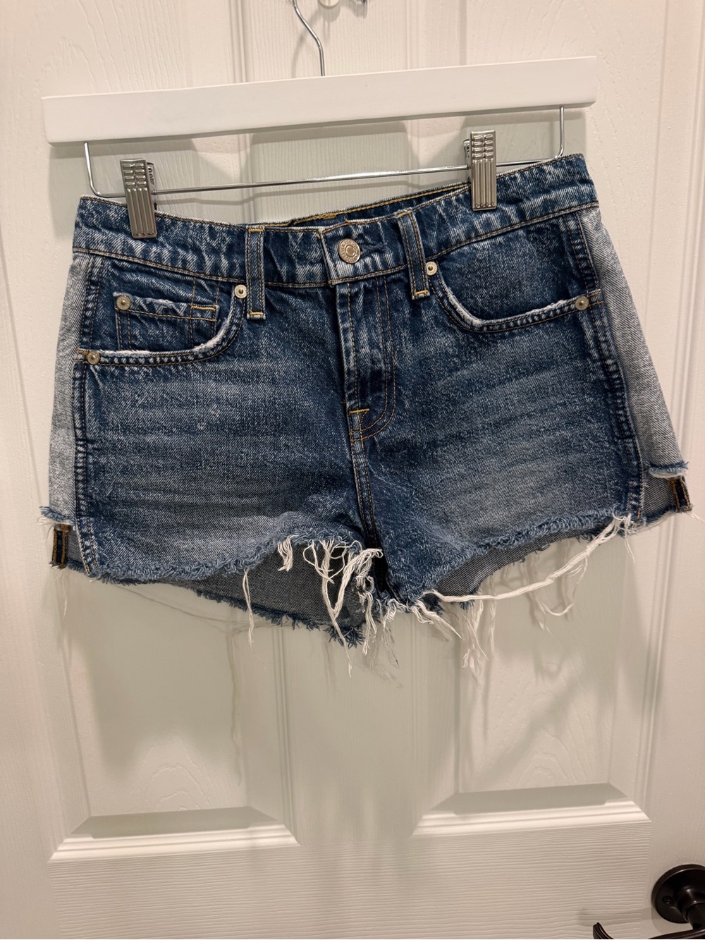 7 For All Mankind Contrast Side Panel Frayed Step Hem Denim Shorts - Size 24